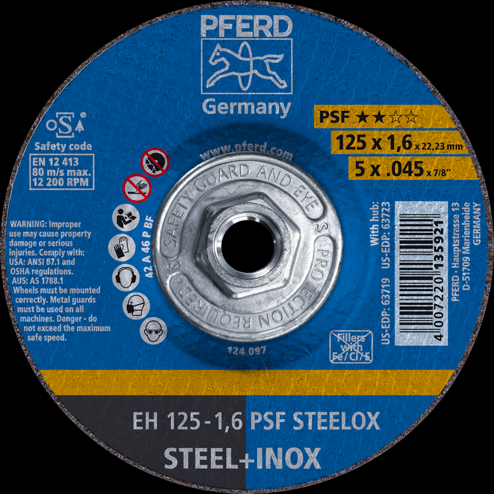 PFERD Cut-Off Wheel, 5&#34; x .045 x 5/8-11, PSF STEELOX, T27, Aluminum oxide<span class=' ItemWarning' style='display:block;'>Item is usually in stock, but we&#39;ll be in touch if there&#39;s a problem<br /></span>