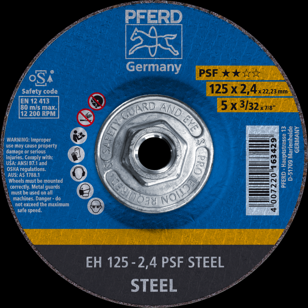 PFERD Cut-Off Wheel, 5&#34; x 3/32 x 5/8-11, PSF STEEL, T27, Aluminum oxide<span class=' ItemWarning' style='display:block;'>Item is usually in stock, but we&#39;ll be in touch if there&#39;s a problem<br /></span>