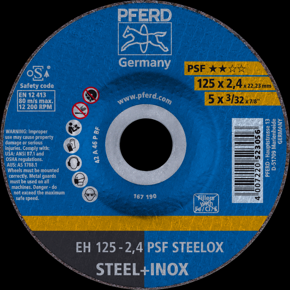 PFERD Cut-Off Wheel, 5&#34; x 3/32 x 7/8, PSF STEELOX, T27, Aluminum oxide<span class=' ItemWarning' style='display:block;'>Item is usually in stock, but we&#39;ll be in touch if there&#39;s a problem<br /></span>