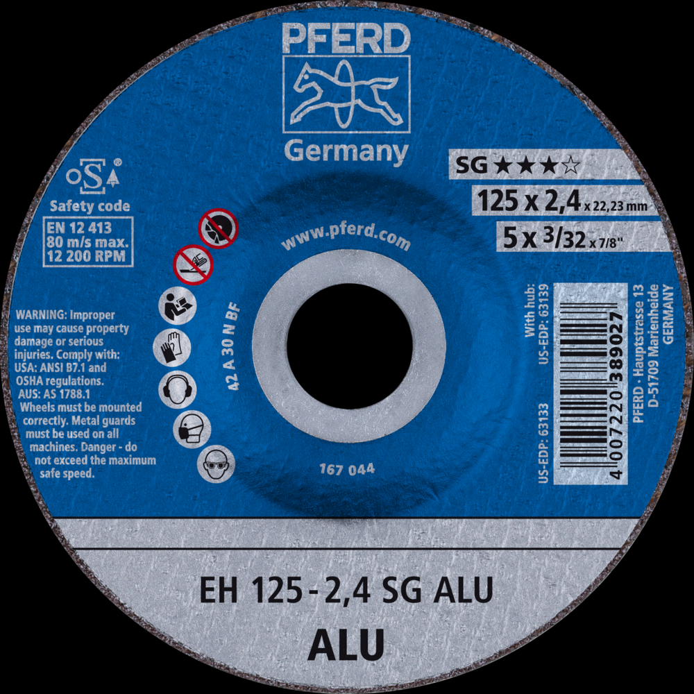 PFERD Cut-Off Wheel, 5&#34; x 3/32 x 7/8, SG ALU, T27, Aluminum oxide<span class=' ItemWarning' style='display:block;'>Item is usually in stock, but we&#39;ll be in touch if there&#39;s a problem<br /></span>