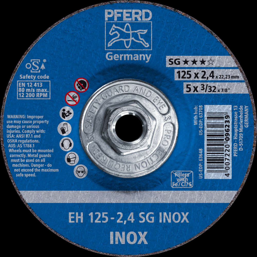 PFERD Cut-Off Wheel, 5&#34; x 3/32 x 5/8-11, SG INOX, T27, Aluminum oxide<span class=' ItemWarning' style='display:block;'>Item is usually in stock, but we&#39;ll be in touch if there&#39;s a problem<br /></span>