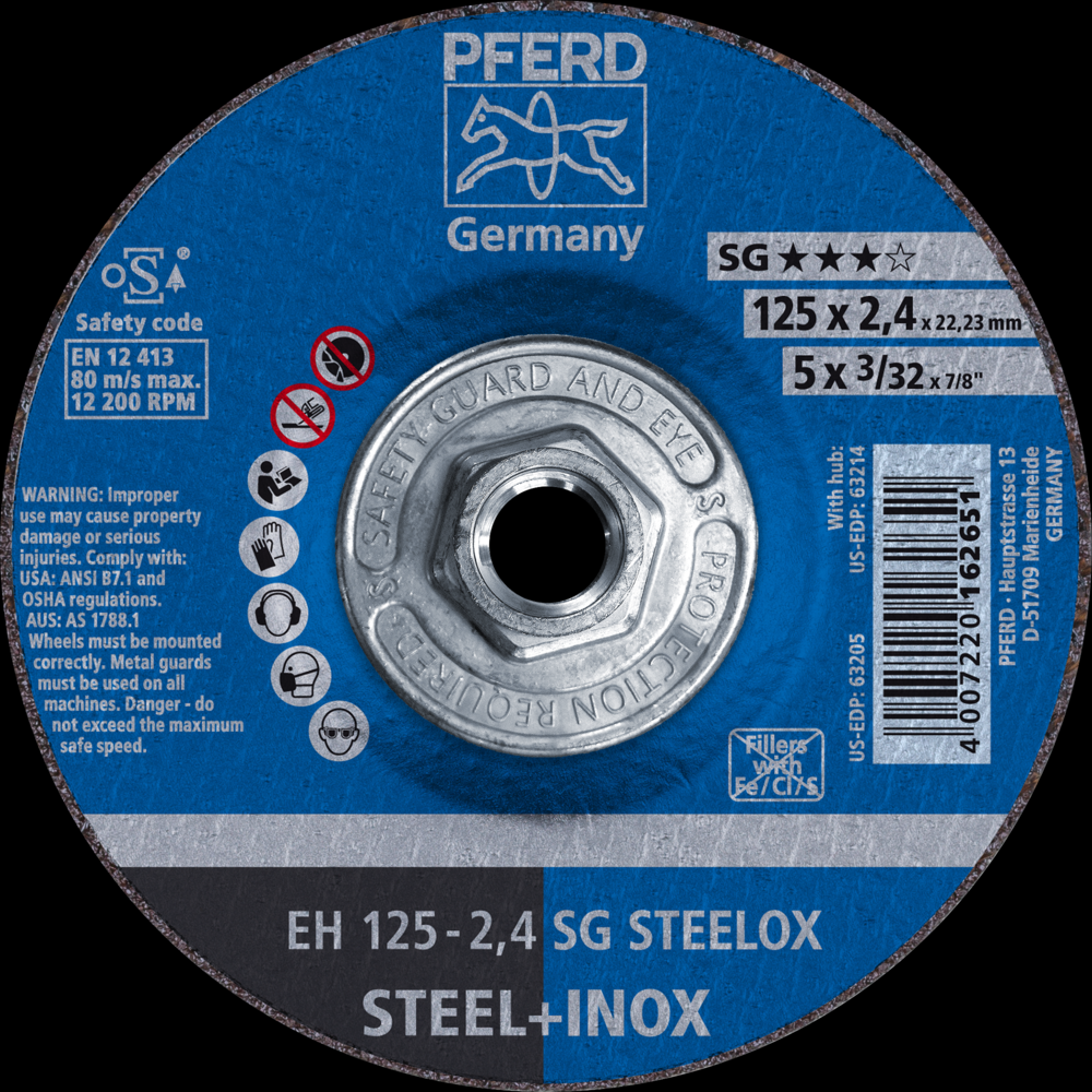 PFERD Cut-Off Wheel, 5&#34; x 3/32 x 5/8-11, SG STEELOX, T27, Aluminum oxide<span class=' ItemWarning' style='display:block;'>Item is usually in stock, but we&#39;ll be in touch if there&#39;s a problem<br /></span>