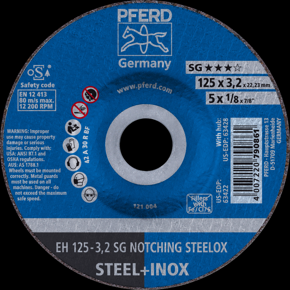 PFERD Grinding Wheel, 5&#34; x 1/8 x 7/8, SG NOTCHING STEELOX, T27, Aluminum oxide<span class=' ItemWarning' style='display:block;'>Item is usually in stock, but we&#39;ll be in touch if there&#39;s a problem<br /></span>