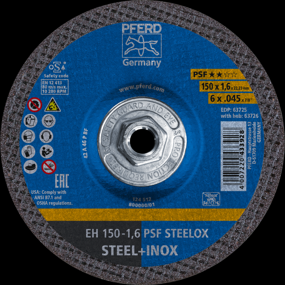 PFERD Cut-Off Wheel, 6&#34; x .045 x 5/8-11, PSF STEELOX, T27, Aluminum oxide<span class=' ItemWarning' style='display:block;'>Item is usually in stock, but we&#39;ll be in touch if there&#39;s a problem<br /></span>