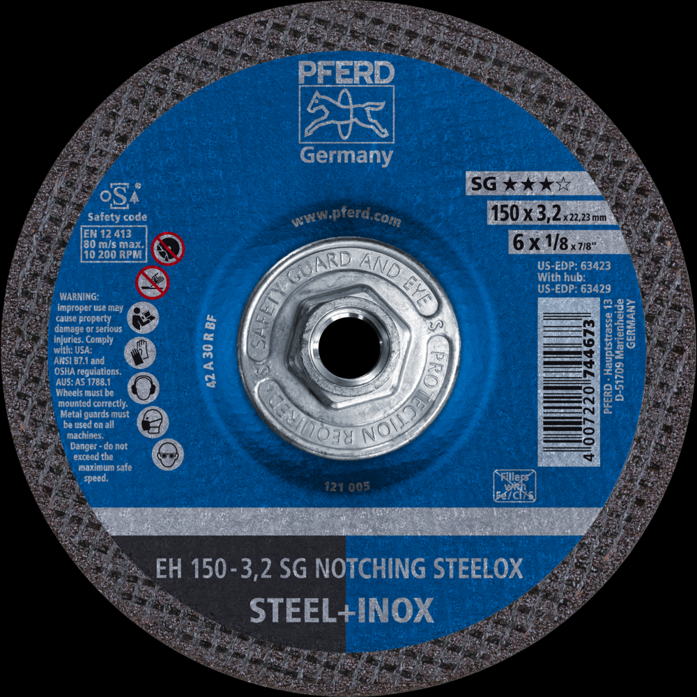 PFERD Grinding Wheel, 6&#34; x 1/8 x 5/8-11, SG NOTCHING STEELOX, T27, Aluminum oxide<span class=' ItemWarning' style='display:block;'>Item is usually in stock, but we&#39;ll be in touch if there&#39;s a problem<br /></span>