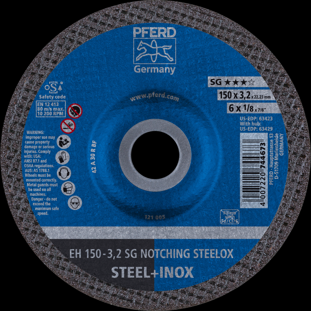 PFERD Grinding Wheel, 6&#34; x 1/8 x 7/8, SG NOTCHING STEELOX, T27, Aluminum oxide<span class=' ItemWarning' style='display:block;'>Item is usually in stock, but we&#39;ll be in touch if there&#39;s a problem<br /></span>