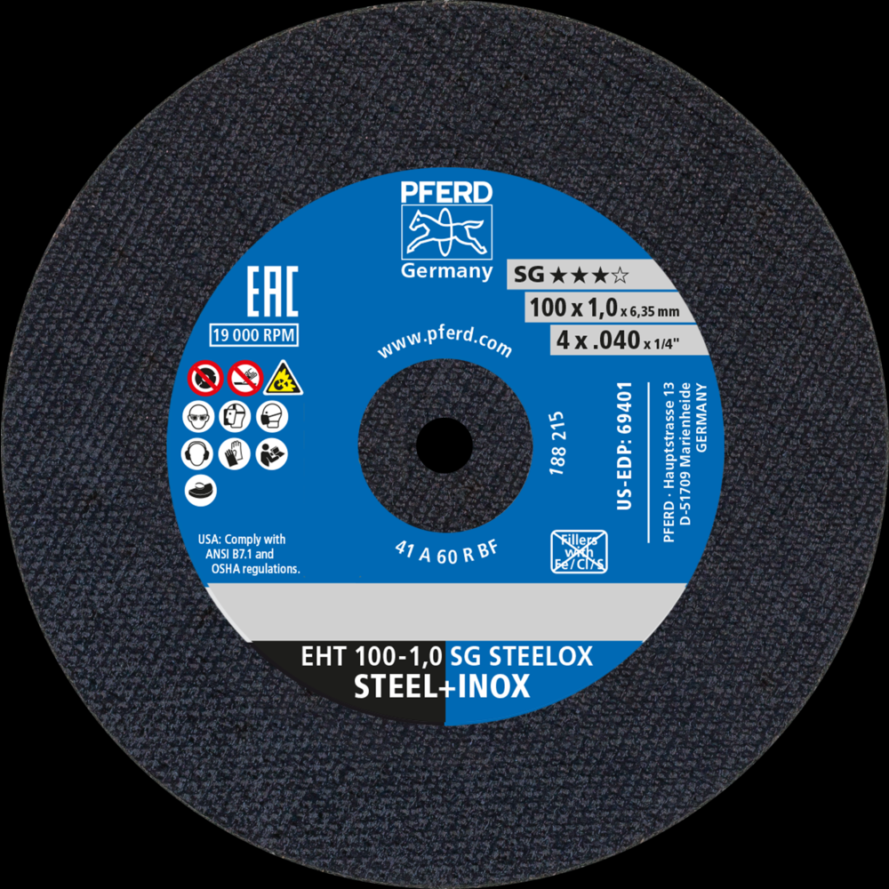 PFERD Die Grinder Cut-Off Wheel, 4&#34; x .040 x 1/4, SG STEELOX, T1, Aluminum oxide<span class=' ItemWarning' style='display:block;'>Item is usually in stock, but we&#39;ll be in touch if there&#39;s a problem<br /></span>