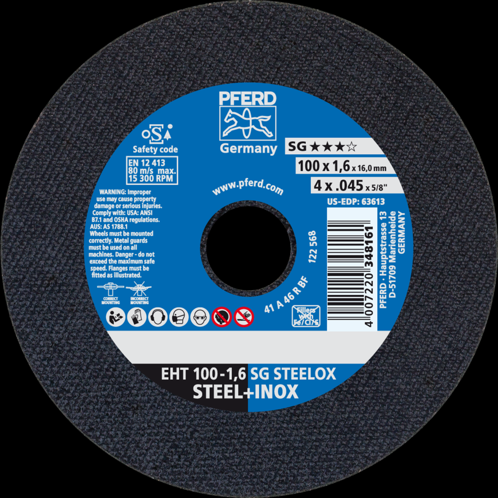 PFERD Cut-Off Wheel, 4&#34; x .045 x 5/8, SG STEELOX, T1, Aluminum oxide<span class=' ItemWarning' style='display:block;'>Item is usually in stock, but we&#39;ll be in touch if there&#39;s a problem<br /></span>