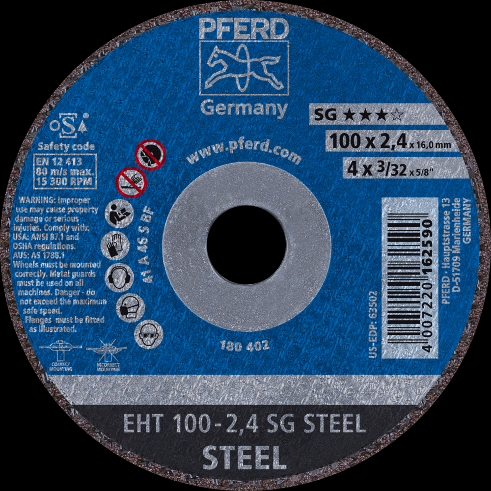 PFERD Cut-Off Wheel, 4&#34; x 3/32 x 5/8, SG STEEL, T1, Aluminum oxide<span class=' ItemWarning' style='display:block;'>Item is usually in stock, but we&#39;ll be in touch if there&#39;s a problem<br /></span>