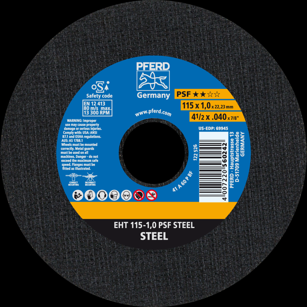 PFERD Cut-Off Wheel, 4-1/2&#34; x .040 x 7/8, PSF STEEL, T1, Aluminum oxide<span class=' ItemWarning' style='display:block;'>Item is usually in stock, but we&#39;ll be in touch if there&#39;s a problem<br /></span>