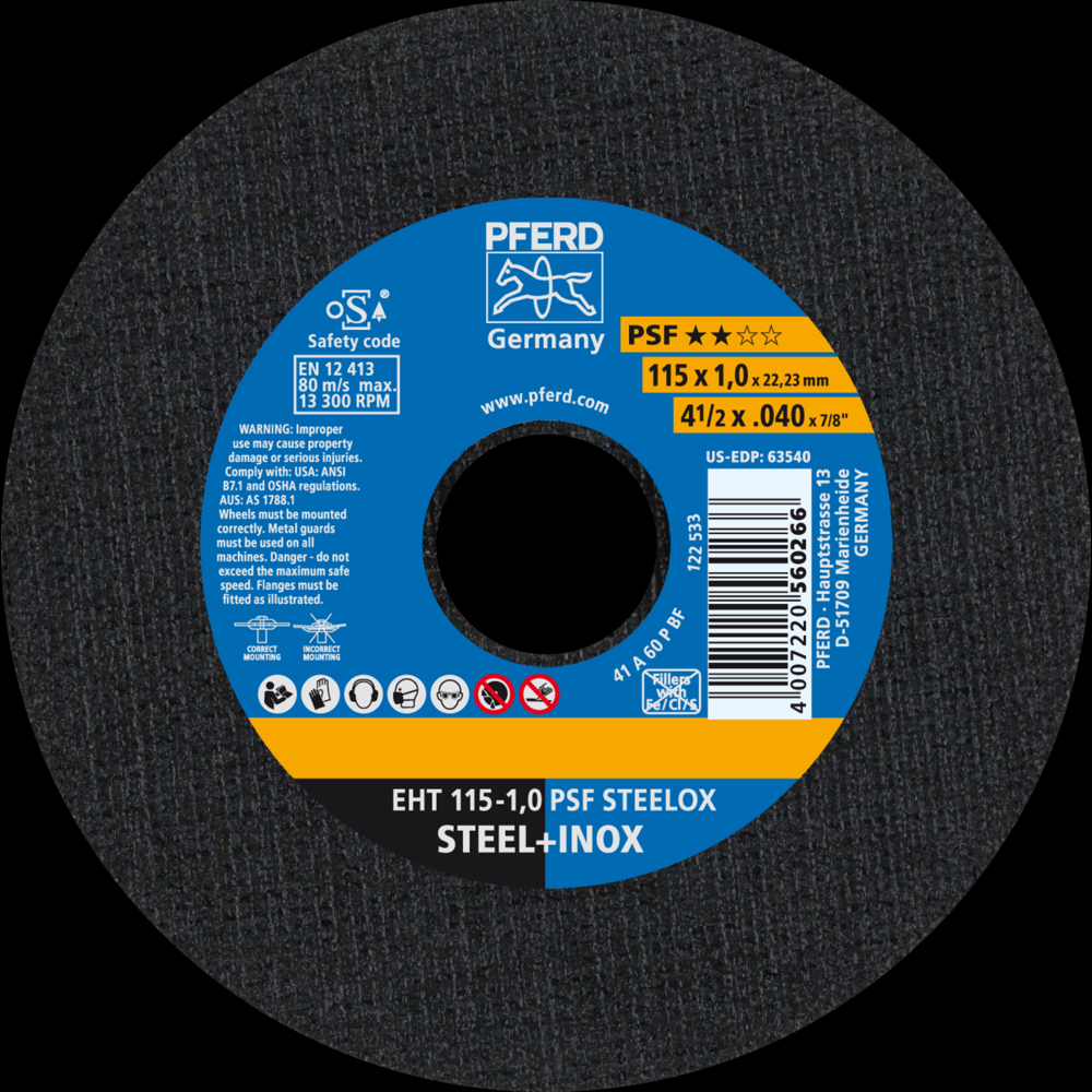 PFERD Cut-Off Wheel, 4-1/2&#34; x .040 x 7/8, PSF STEELOX, T1, Aluminum oxide<span class=' ItemWarning' style='display:block;'>Item is usually in stock, but we&#39;ll be in touch if there&#39;s a problem<br /></span>