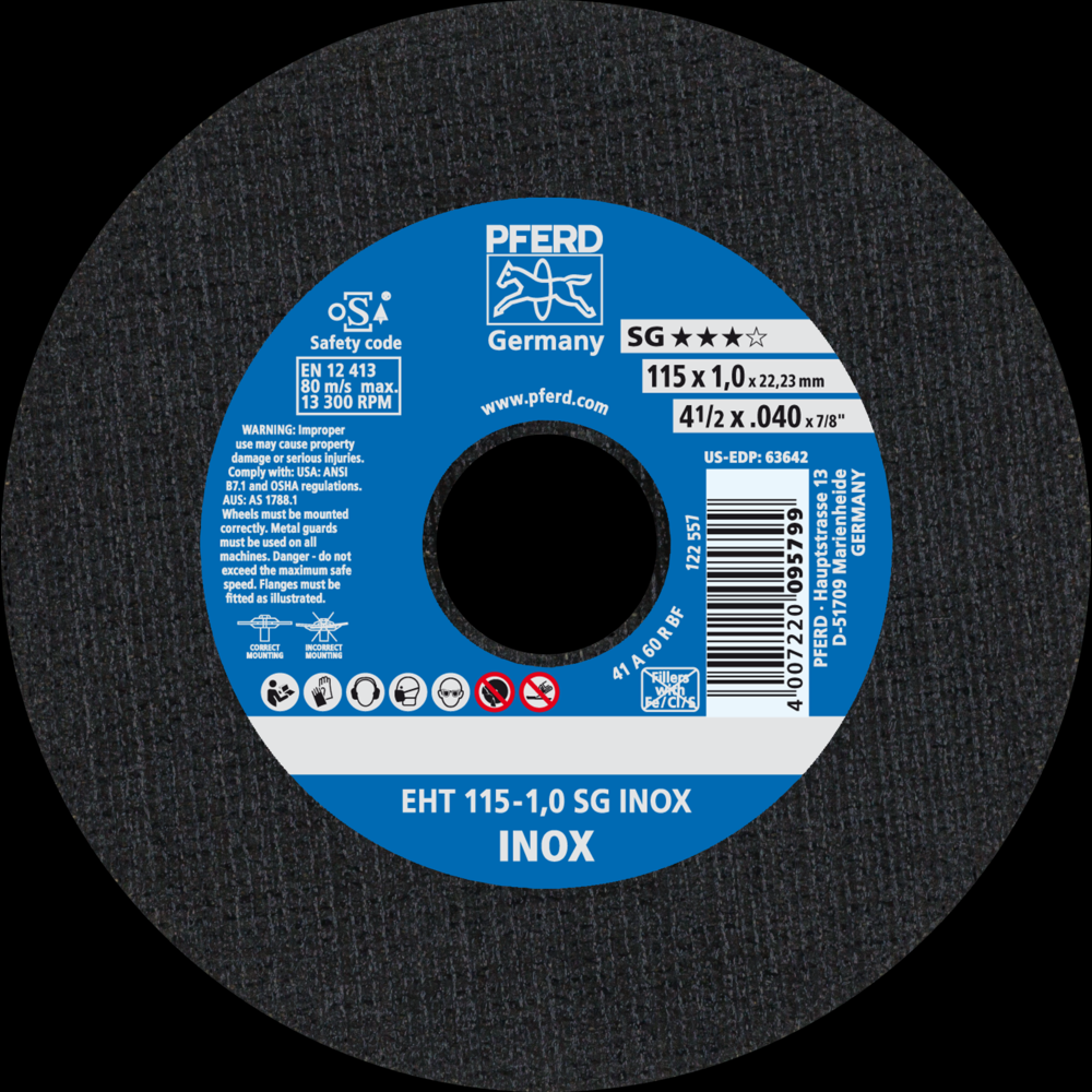 PFERD Cut-Off Wheel, 4-1/2&#34; x .040 x 7/8, SG INOX, T1, Aluminum oxide<span class=' ItemWarning' style='display:block;'>Item is usually in stock, but we&#39;ll be in touch if there&#39;s a problem<br /></span>