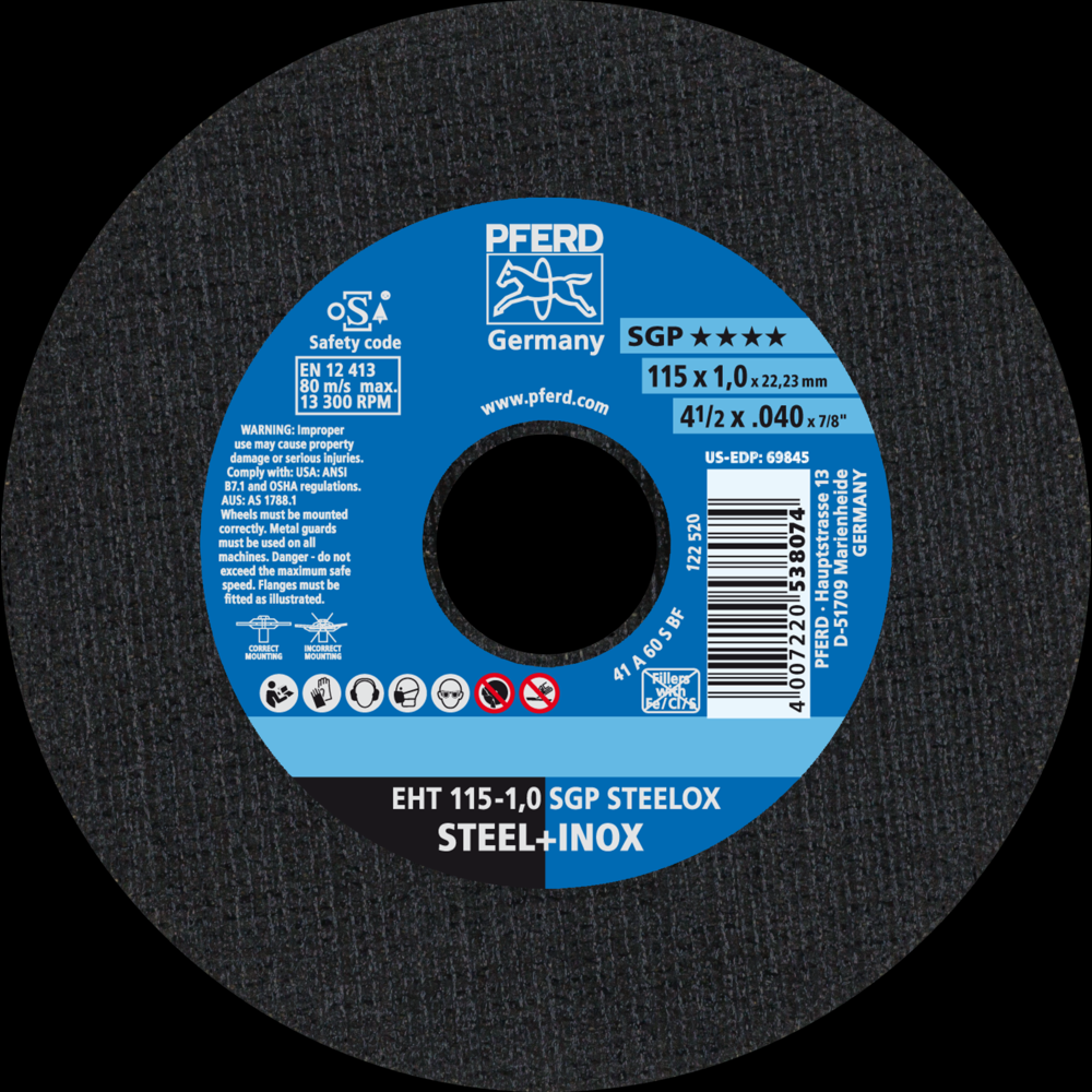 PFERD Cut-Off Wheel, 4-1/2&#34; x .040 x 7/8, SGP STEELOX, T1, Aluminum oxide<span class=' ItemWarning' style='display:block;'>Item is usually in stock, but we&#39;ll be in touch if there&#39;s a problem<br /></span>