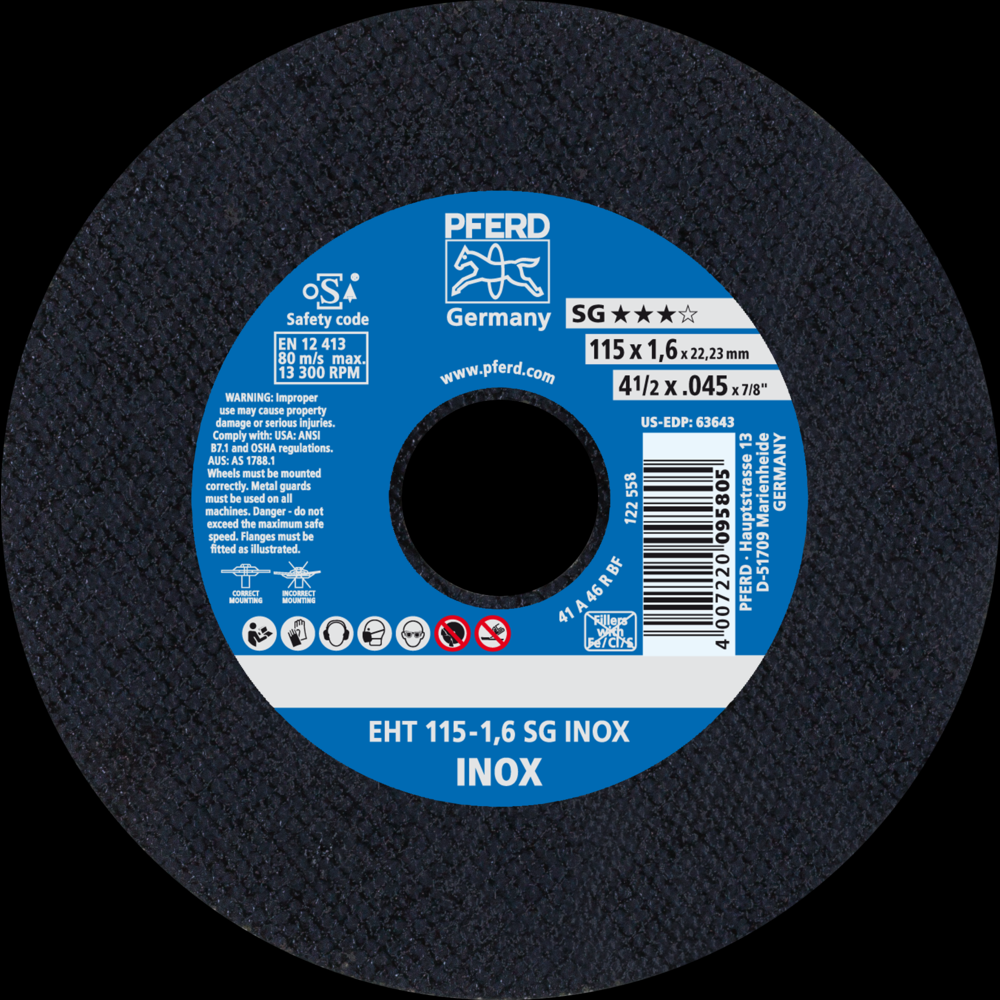 PFERD Cut-Off Wheel, 4-1/2&#34; x .045 x 7/8, SG INOX, T1, Aluminum oxide<span class=' ItemWarning' style='display:block;'>Item is usually in stock, but we&#39;ll be in touch if there&#39;s a problem<br /></span>