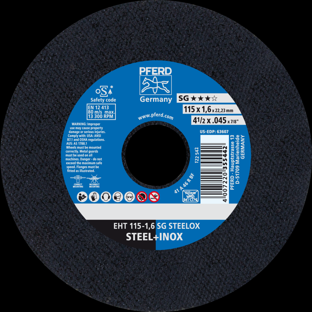 PFERD Cut-Off Wheel, 4-1/2&#34; x .045 x 7/8, SG STEELOX, T1, Aluminum oxide<span class=' ItemWarning' style='display:block;'>Item is usually in stock, but we&#39;ll be in touch if there&#39;s a problem<br /></span>