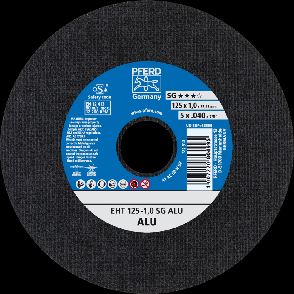 PFERD Cut-Off Wheel, 5&#34; x .040 x 7/8, SG ALU, T1, Aluminum oxide<span class=' ItemWarning' style='display:block;'>Item is usually in stock, but we&#39;ll be in touch if there&#39;s a problem<br /></span>