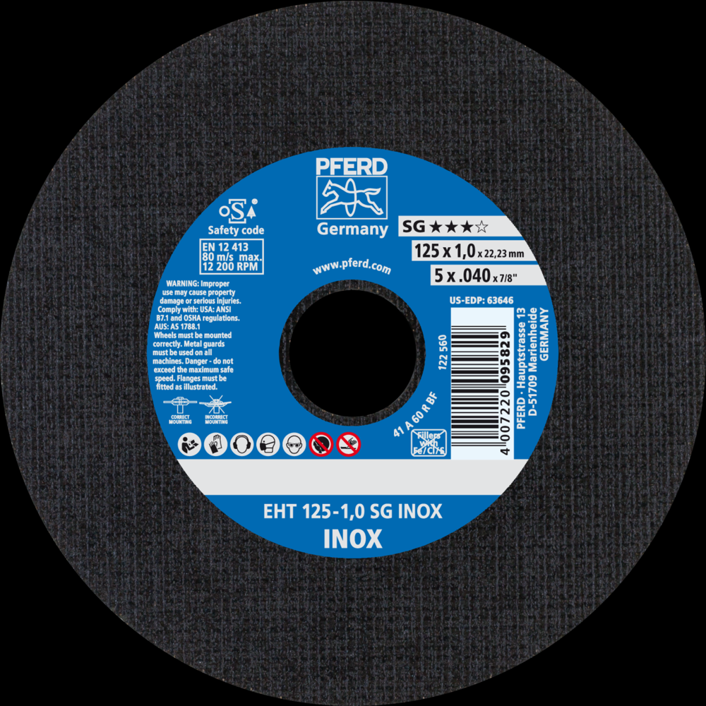 PFERD Cut-Off Wheel, 5&#34; x .040 x 7/8, SG INOX, T1, Aluminum oxide<span class=' ItemWarning' style='display:block;'>Item is usually in stock, but we&#39;ll be in touch if there&#39;s a problem<br /></span>