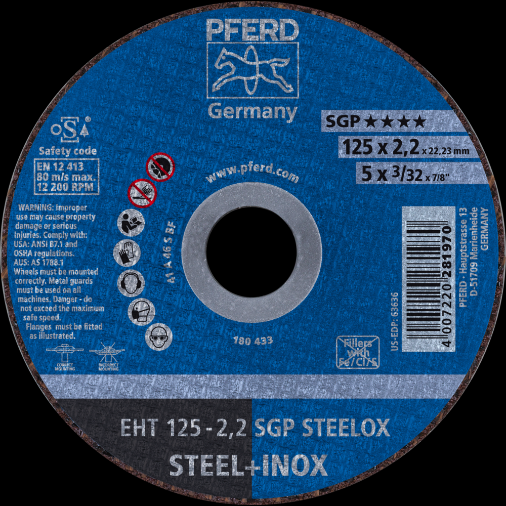 PFERD Cut-Off Wheel, 5&#34; x 3/32 x 7/8, SGP STEELOX, T1, Aluminum oxide<span class=' ItemWarning' style='display:block;'>Item is usually in stock, but we&#39;ll be in touch if there&#39;s a problem<br /></span>