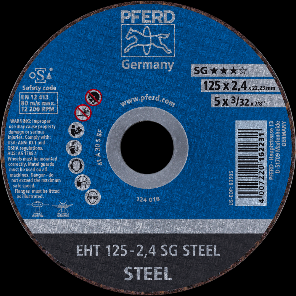 PFERD Cut-Off Wheel, 5&#34; x 3/32 x 7/8, SG STEEL, T1, Aluminum oxide<span class=' ItemWarning' style='display:block;'>Item is usually in stock, but we&#39;ll be in touch if there&#39;s a problem<br /></span>