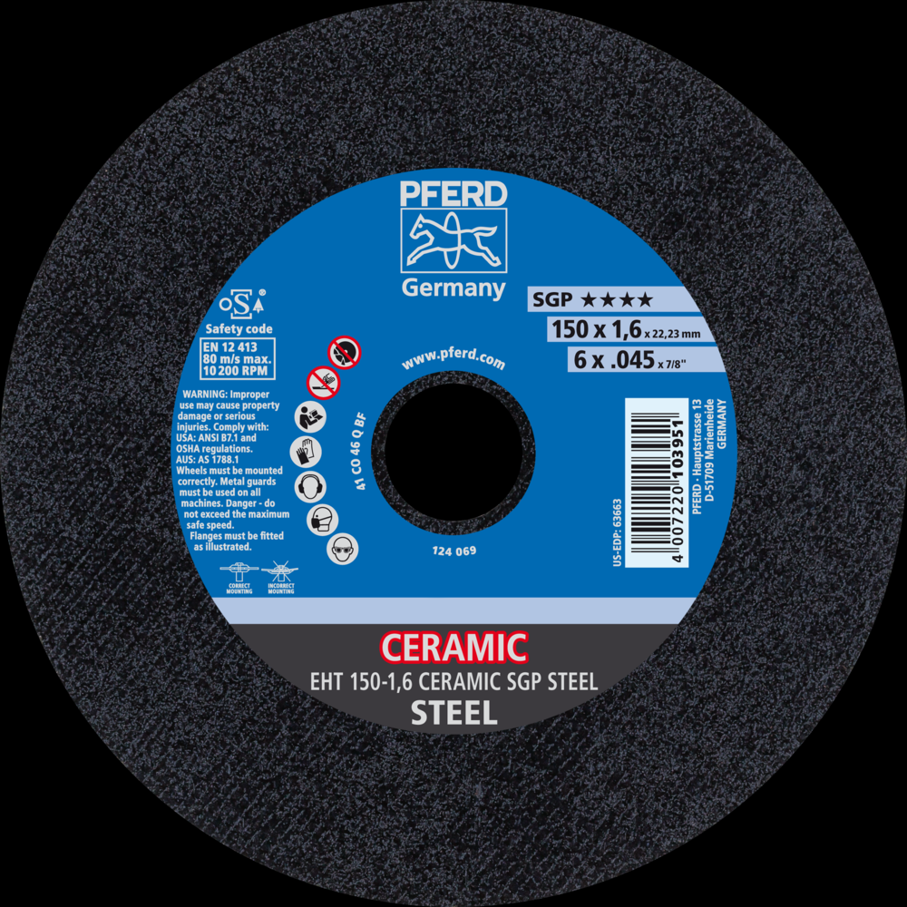 PFERD Cut-Off Wheel, 6&#34; x .045 x 7/8, CERAMIC SGP STEEL, T1, Ceramic oxide<span class=' ItemWarning' style='display:block;'>Item is usually in stock, but we&#39;ll be in touch if there&#39;s a problem<br /></span>