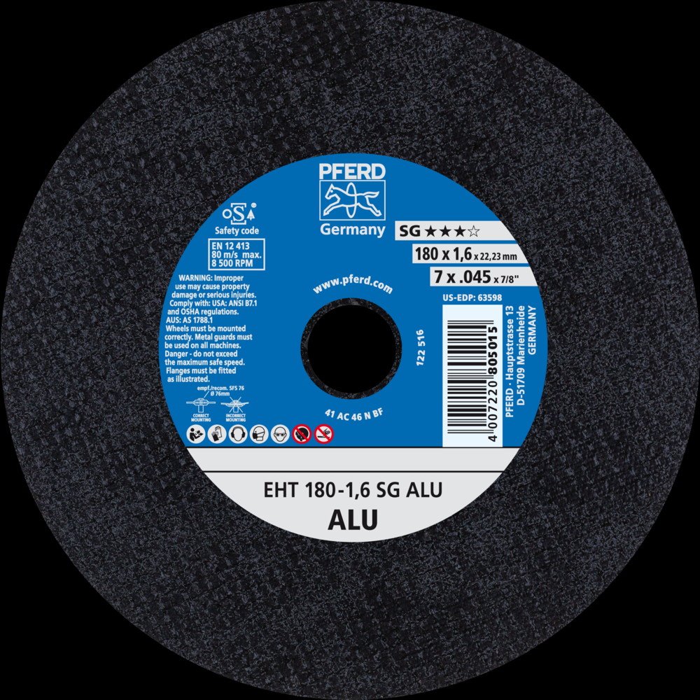 PFERD Cut-Off Wheel, 7&#34; x .045 x 7/8, SG ALU, T1, Aluminum oxide<span class=' ItemWarning' style='display:block;'>Item is usually in stock, but we&#39;ll be in touch if there&#39;s a problem<br /></span>