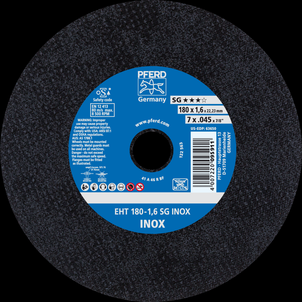 PFERD Cut-Off Wheel, 7&#34; x .045 x 7/8, SG INOX, T1, Aluminum oxide<span class=' ItemWarning' style='display:block;'>Item is usually in stock, but we&#39;ll be in touch if there&#39;s a problem<br /></span>