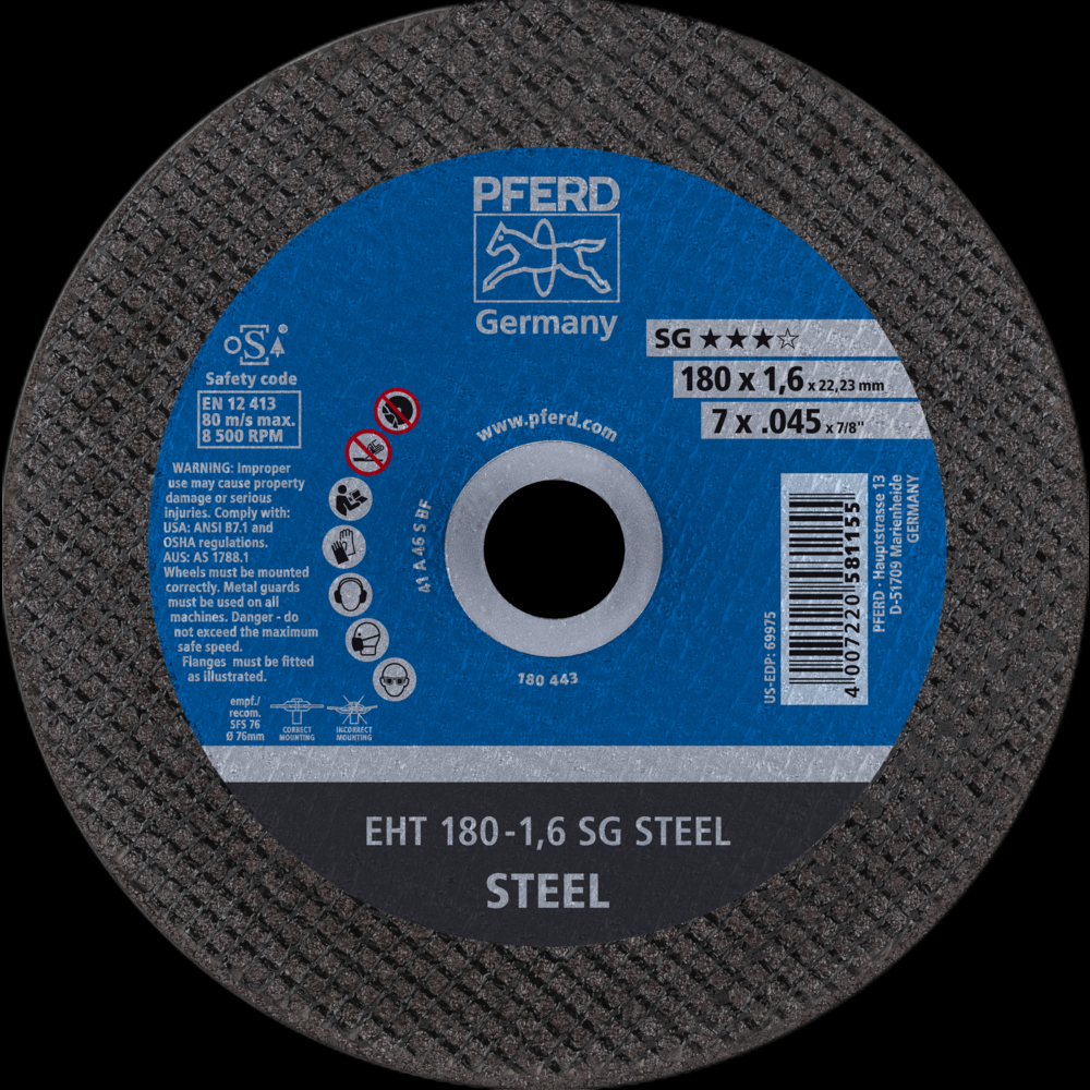 PFERD Cut-Off Wheel, 7&#34; x .045 x 7/8, SG STEEL, T1, Aluminum oxide<span class=' ItemWarning' style='display:block;'>Item is usually in stock, but we&#39;ll be in touch if there&#39;s a problem<br /></span>