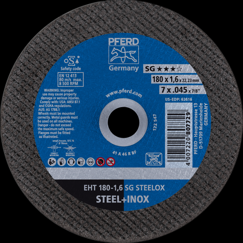 PFERD Cut-Off Wheel, 7&#34; x .045 x 7/8, SG STEELOX, T1, Aluminum oxide<span class=' ItemWarning' style='display:block;'>Item is usually in stock, but we&#39;ll be in touch if there&#39;s a problem<br /></span>