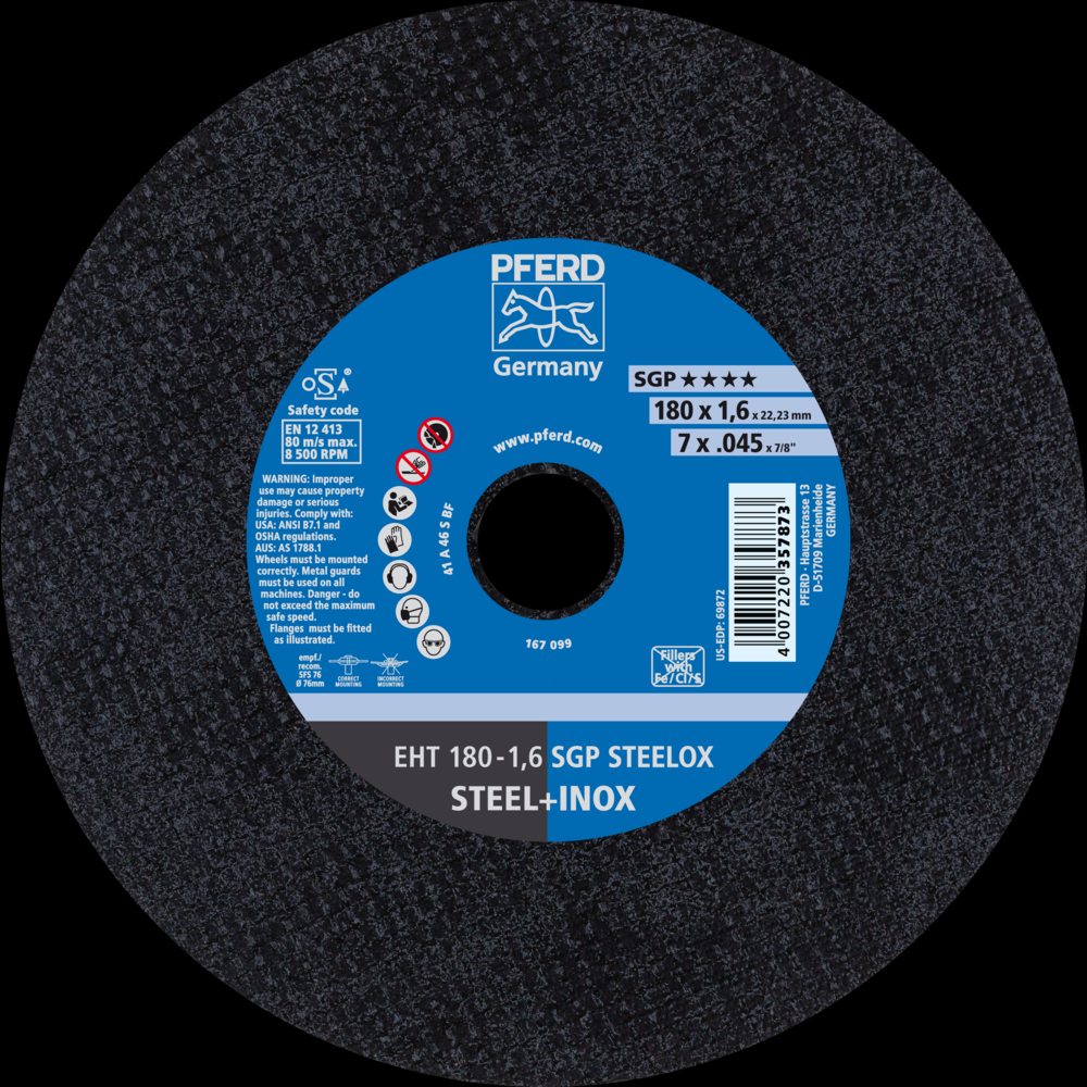 PFERD Cut-Off Wheel, 7&#34; x .045 x 7/8, SGP STEELOX, T1, Aluminum oxide<span class=' ItemWarning' style='display:block;'>Item is usually in stock, but we&#39;ll be in touch if there&#39;s a problem<br /></span>