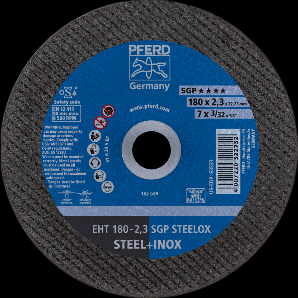 PFERD Cut-Off Wheel, 7&#34; x 3/32 x 7/8, SGP STEELOX, T1, Aluminum oxide<span class=' ItemWarning' style='display:block;'>Item is usually in stock, but we&#39;ll be in touch if there&#39;s a problem<br /></span>