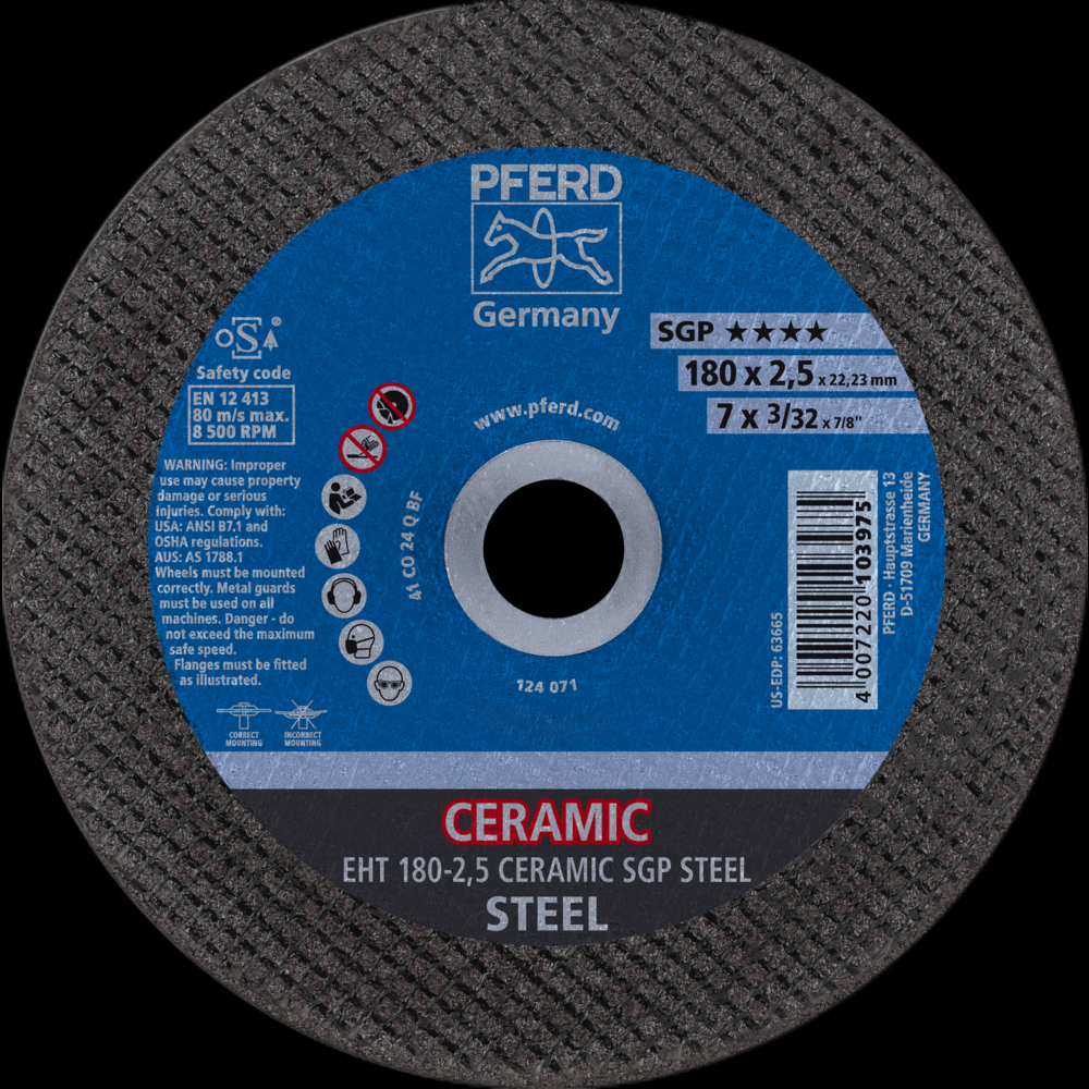 PFERD Cut-Off Wheel, 7&#34; x 3/32 x 7/8, CERAMIC SGP STEEL, T27, Ceramic oxide<span class=' ItemWarning' style='display:block;'>Item is usually in stock, but we&#39;ll be in touch if there&#39;s a problem<br /></span>