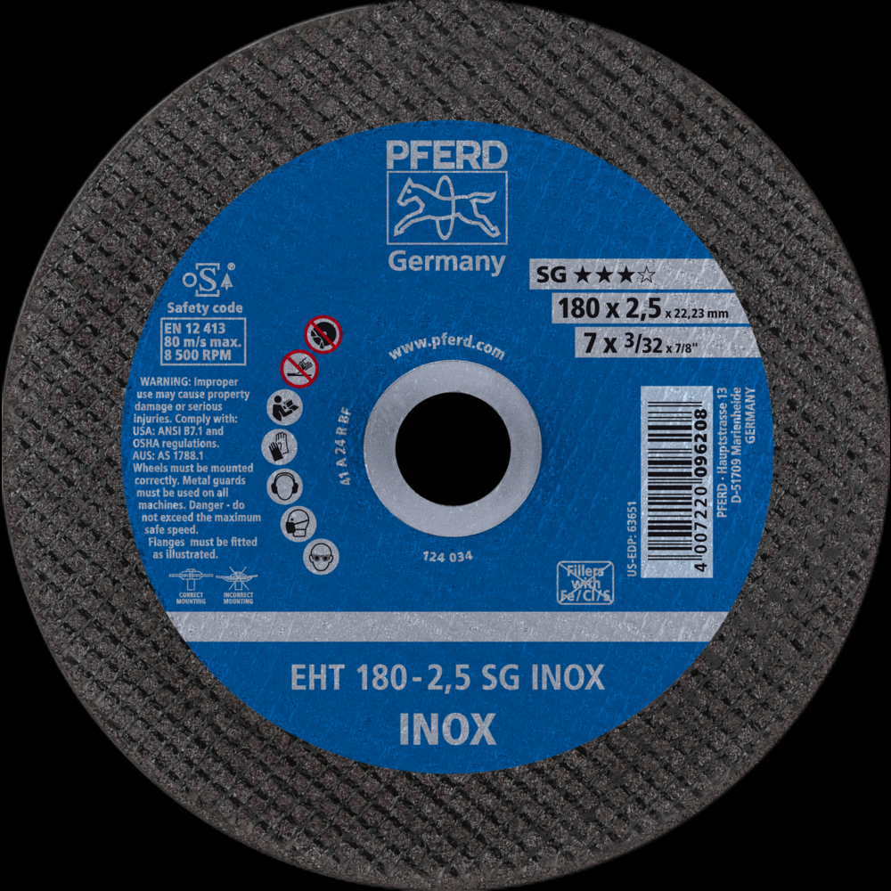 PFERD Cut-Off Wheel, 7&#34; x 3/32 x 7/8, SG INOX, T1, Aluminum oxide<span class=' ItemWarning' style='display:block;'>Item is usually in stock, but we&#39;ll be in touch if there&#39;s a problem<br /></span>