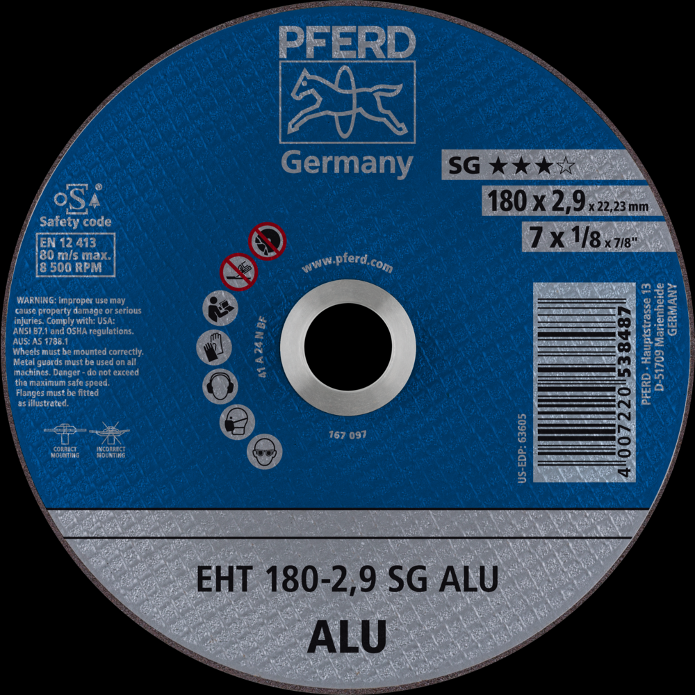 PFERD Cut-Off Wheel, 7&#34; x 1/8 x 7/8, SG ALU, T1, Aluminum oxide<span class=' ItemWarning' style='display:block;'>Item is usually in stock, but we&#39;ll be in touch if there&#39;s a problem<br /></span>