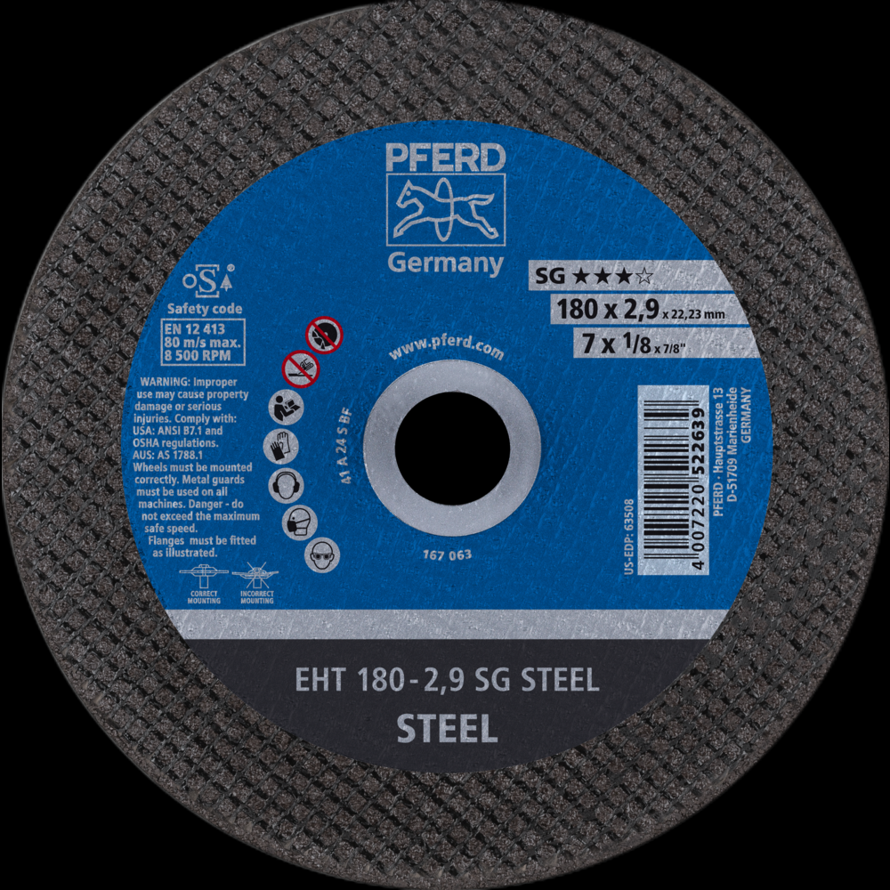 PFERD Cut-Off Wheel, 7&#34; x 1/8 x 7/8, SG STEEL, T1, Aluminum oxide<span class=' ItemWarning' style='display:block;'>Item is usually in stock, but we&#39;ll be in touch if there&#39;s a problem<br /></span>