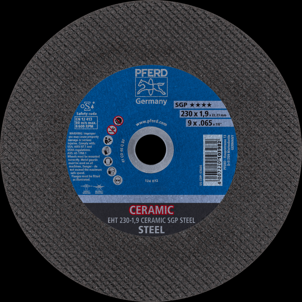 PFERD Cut-Off Wheel, 9&#34; x .065 x 7/8, CERAMIC SGP STEEL, T1, Ceramic oxide<span class=' ItemWarning' style='display:block;'>Item is usually in stock, but we&#39;ll be in touch if there&#39;s a problem<br /></span>