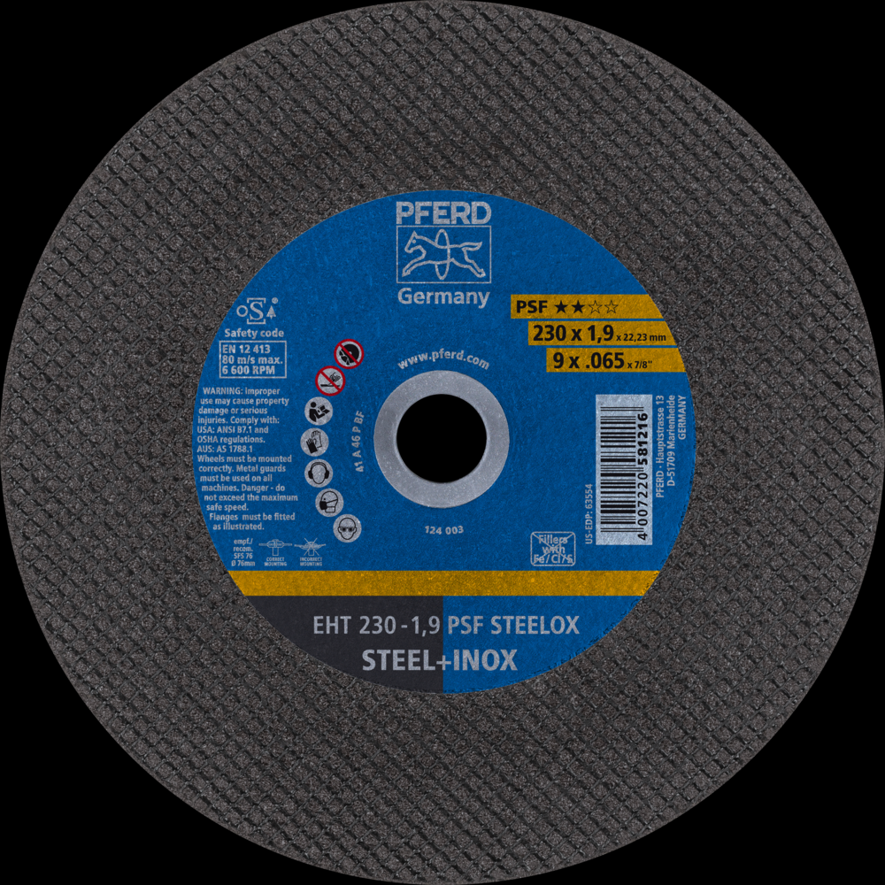 PFERD Cut-Off Wheel, 9&#34; x .065 x 7/8, PSF STEELOX, T1, Aluminum oxide<span class=' ItemWarning' style='display:block;'>Item is usually in stock, but we&#39;ll be in touch if there&#39;s a problem<br /></span>