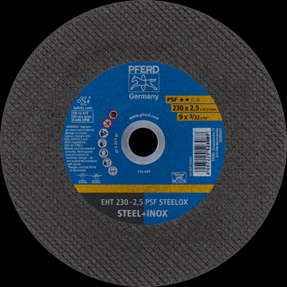 PFERD Cut-Off Wheel, 9&#34; x 3/32 x 7/8, PSF STEELOX, T1, Aluminum oxide<span class=' ItemWarning' style='display:block;'>Item is usually in stock, but we&#39;ll be in touch if there&#39;s a problem<br /></span>