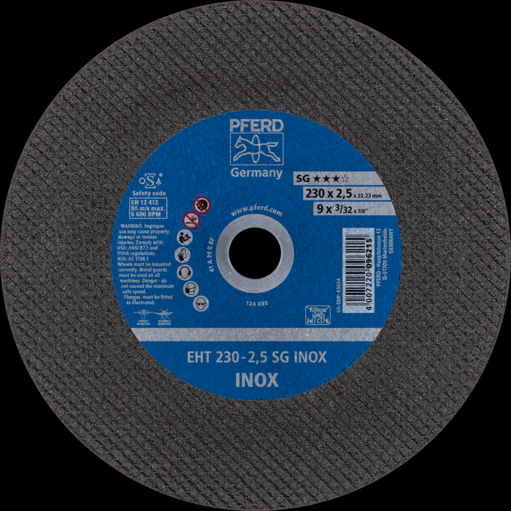 PFERD Cut-Off Wheel, 9&#34; x 3/32 x 7/8, SG INOX, T1, Aluminum oxide<span class=' ItemWarning' style='display:block;'>Item is usually in stock, but we&#39;ll be in touch if there&#39;s a problem<br /></span>