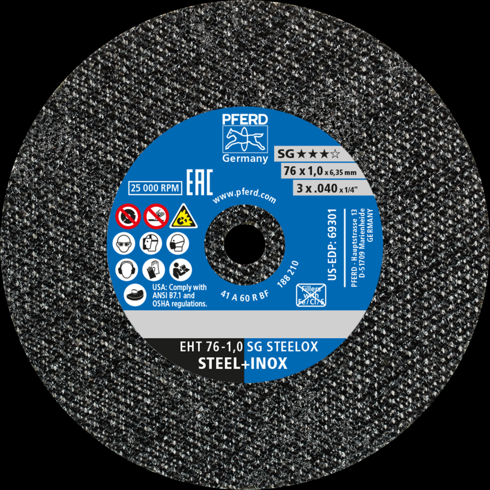 PFERD Die Grinder Cut-Off Wheel, 3&#34; x .040 x 1/4, SG STEELOX, T1, Aluminum oxide<span class=' ItemWarning' style='display:block;'>Item is usually in stock, but we&#39;ll be in touch if there&#39;s a problem<br /></span>