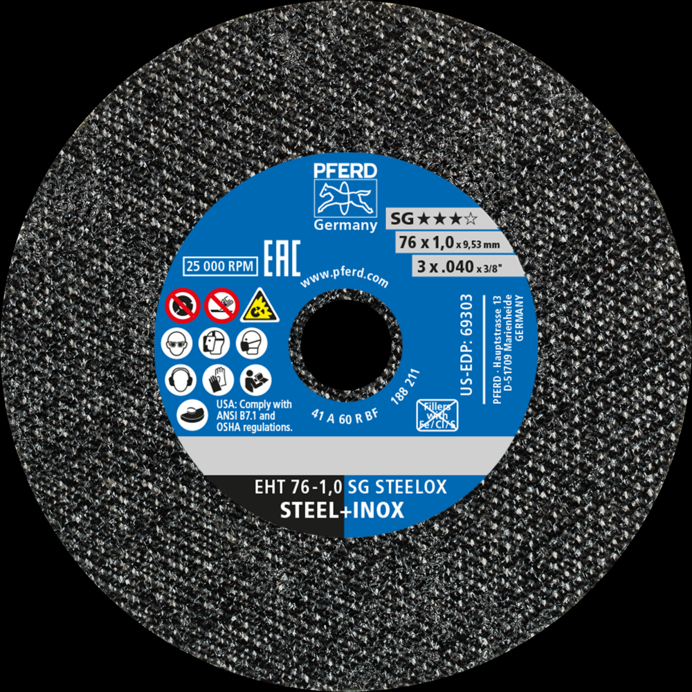 PFERD Die Grinder Cut-Off Wheel, 3&#34; x .040 x 3/8, SG STEELOX, T1, Aluminum oxide<span class=' ItemWarning' style='display:block;'>Item is usually in stock, but we&#39;ll be in touch if there&#39;s a problem<br /></span>