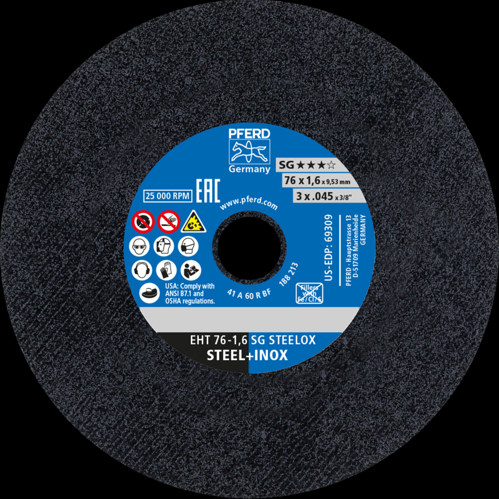 PFERD Die Grinder Cut-Off Wheel, 3&#34; x .045 x 3/8, SG STEELOX, T1, Aluminum oxide<span class=' ItemWarning' style='display:block;'>Item is usually in stock, but we&#39;ll be in touch if there&#39;s a problem<br /></span>