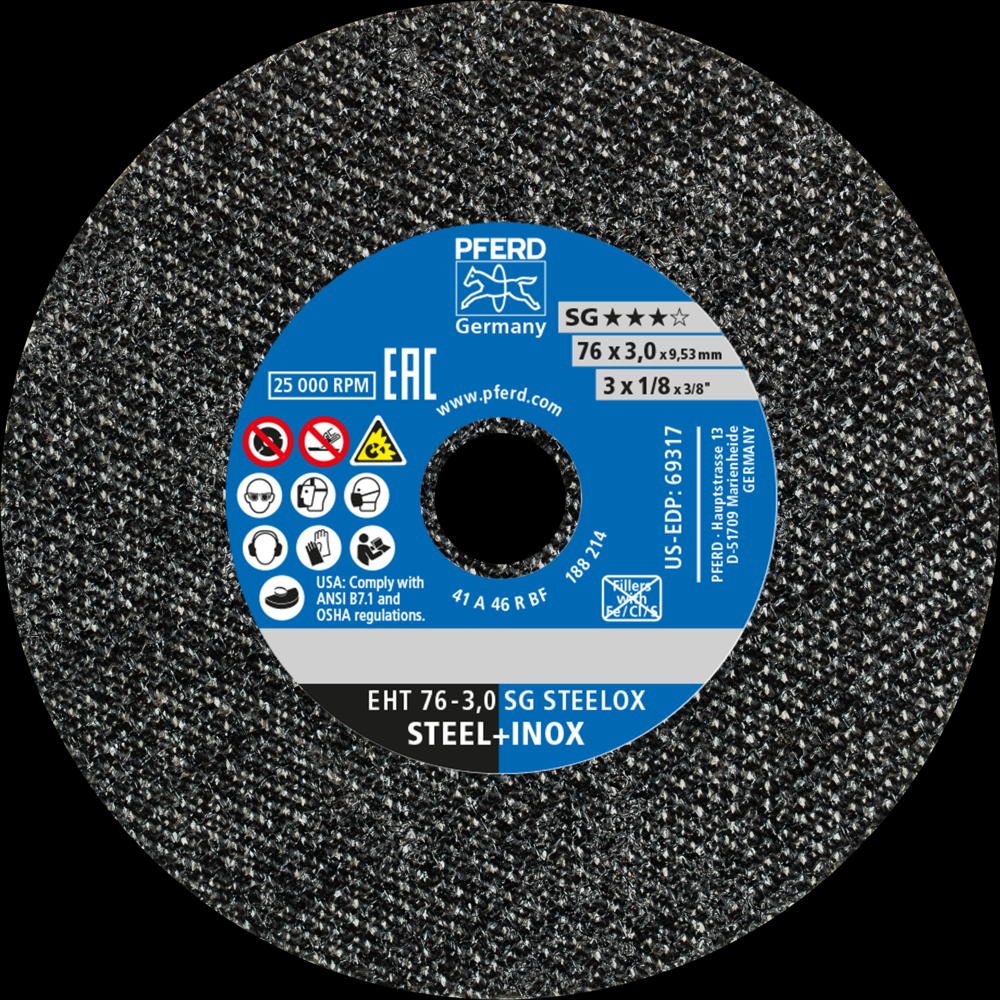 PFERD Die Grinder Cut-Off Wheel, 3&#34; x 1/8 x 3/8, SG STEELOX, T1, Aluminum oxide<span class=' ItemWarning' style='display:block;'>Item is usually in stock, but we&#39;ll be in touch if there&#39;s a problem<br /></span>