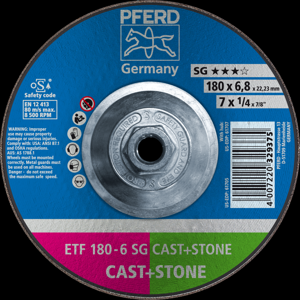 PFERD Grinding Wheel, 7&#34; x 1/4 x 5/8-11, SG CAST+STONE, T28, AO, SiC<span class=' ItemWarning' style='display:block;'>Item is usually in stock, but we&#39;ll be in touch if there&#39;s a problem<br /></span>