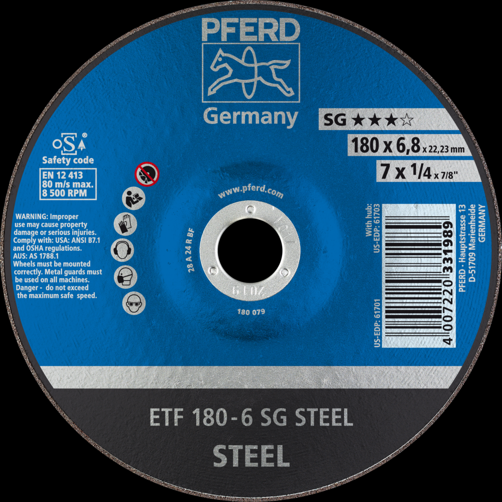 PFERD Grinding Wheel, 7&#34; x 1/4 x 7/8, SG STEEL, T28, Aluminum oxide<span class=' ItemWarning' style='display:block;'>Item is usually in stock, but we&#39;ll be in touch if there&#39;s a problem<br /></span>