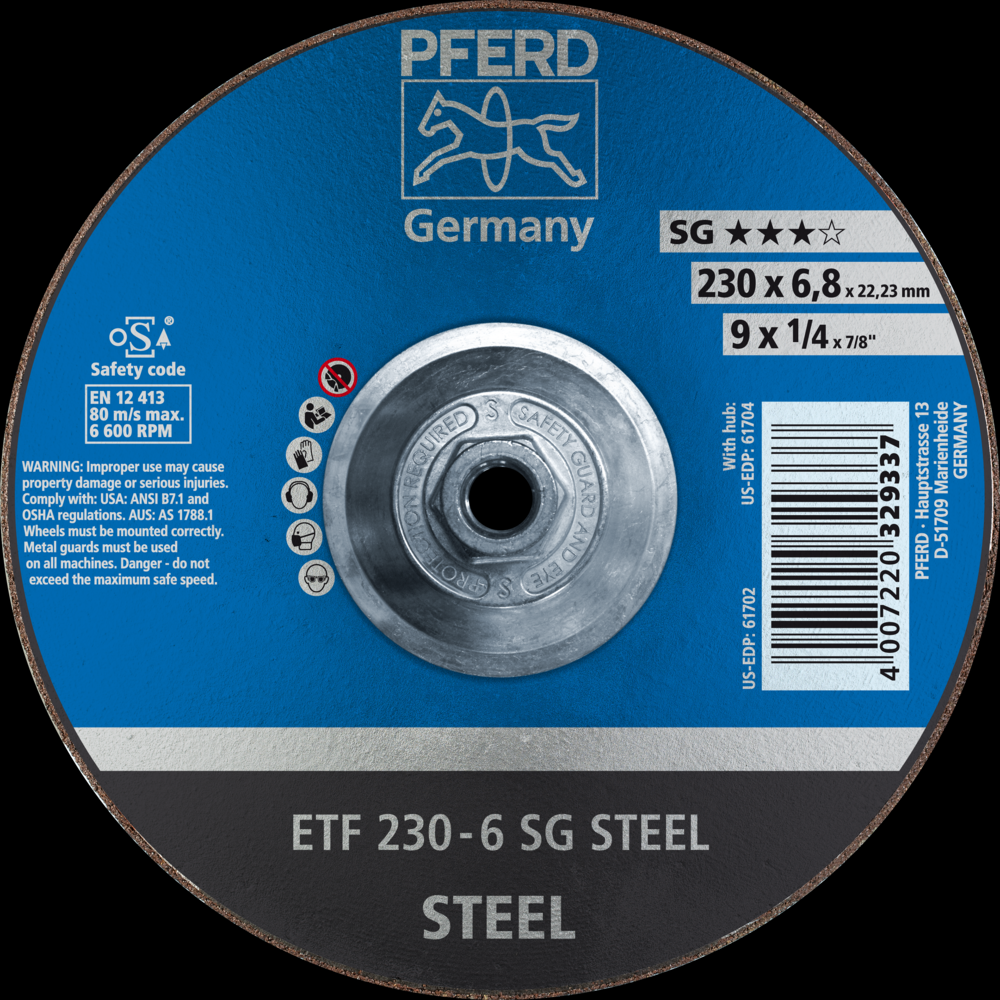 PFERD Grinding Wheel, 9&#34; x 1/4 x 5/8-11, SG STEEL, T28, Aluminum oxide<span class=' ItemWarning' style='display:block;'>Item is usually in stock, but we&#39;ll be in touch if there&#39;s a problem<br /></span>