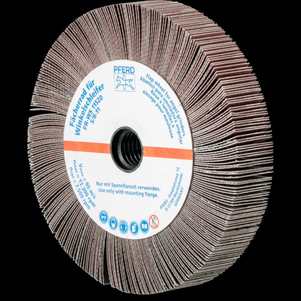 PFERD Angle Grinder Flap Wheel, 4-1/2&#34; x 3/4 x 5/8-11, 320 Grit, Aluminum oxide<span class=' ItemWarning' style='display:block;'>Item is usually in stock, but we&#39;ll be in touch if there&#39;s a problem<br /></span>