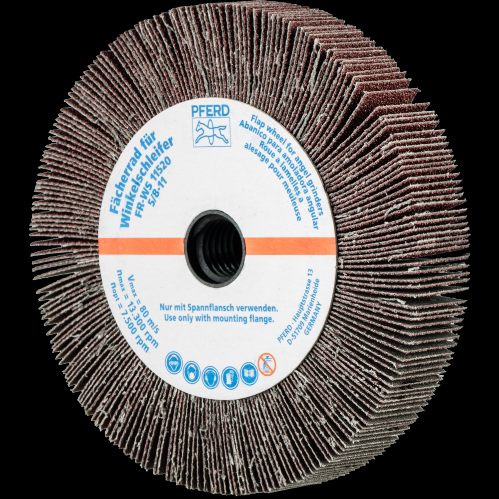 PFERD Angle Grinder Flap Wheel, 4-1/2&#34; x 3/4 x 5/8-11, 60 Grit, Aluminum oxide<span class=' ItemWarning' style='display:block;'>Item is usually in stock, but we&#39;ll be in touch if there&#39;s a problem<br /></span>