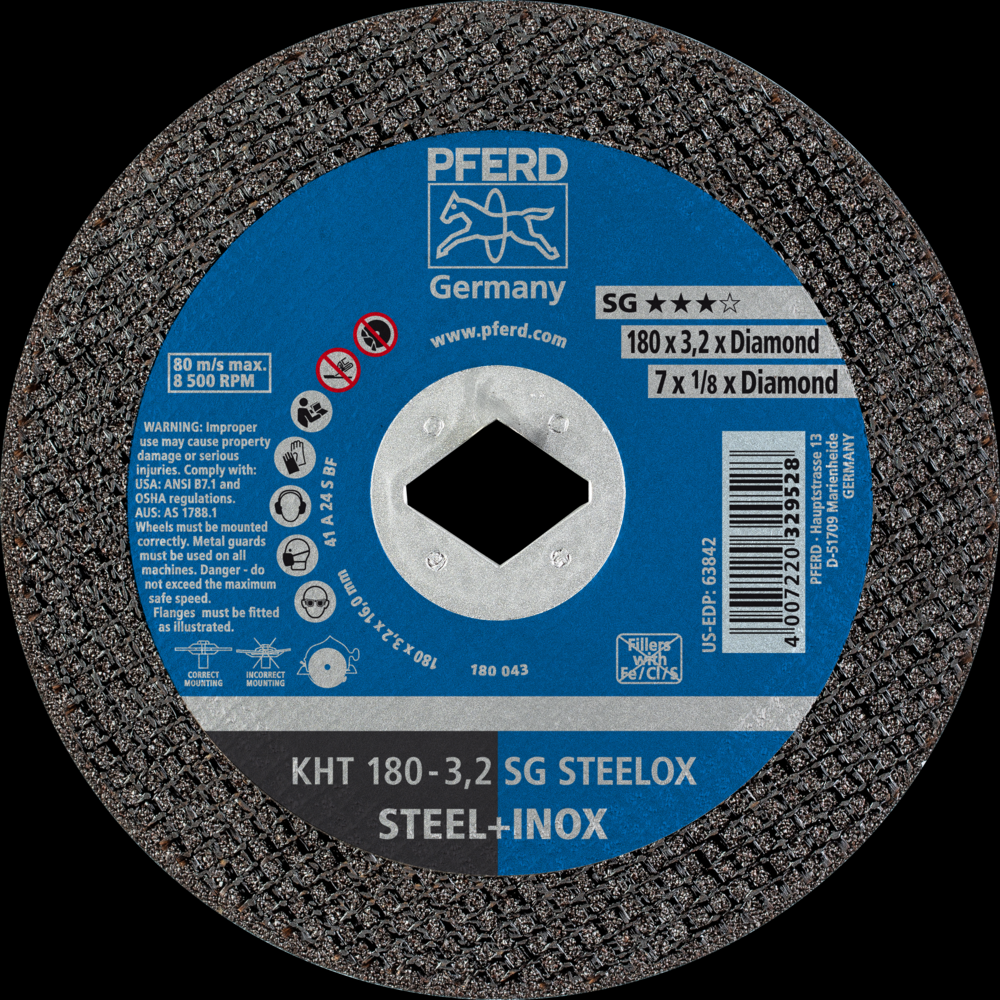 PFERD Cut-Off Wheel, 7&#34; x 1/8, Diamond Bore 5/8&#34;-1/2, SG STEELOX, T1, Aluminum oxide<span class=' ItemWarning' style='display:block;'>Item is usually in stock, but we&#39;ll be in touch if there&#39;s a problem<br /></span>