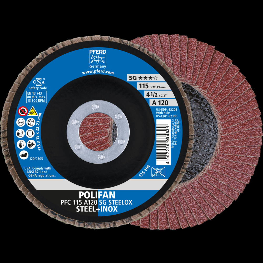 PFERD Flap Disc, 4-1/2&#34; x 7/8, A SG STEELOX, 120 Grit, T29, Conical, Aluminum oxide<span class=' ItemWarning' style='display:block;'>Item is usually in stock, but we&#39;ll be in touch if there&#39;s a problem<br /></span>