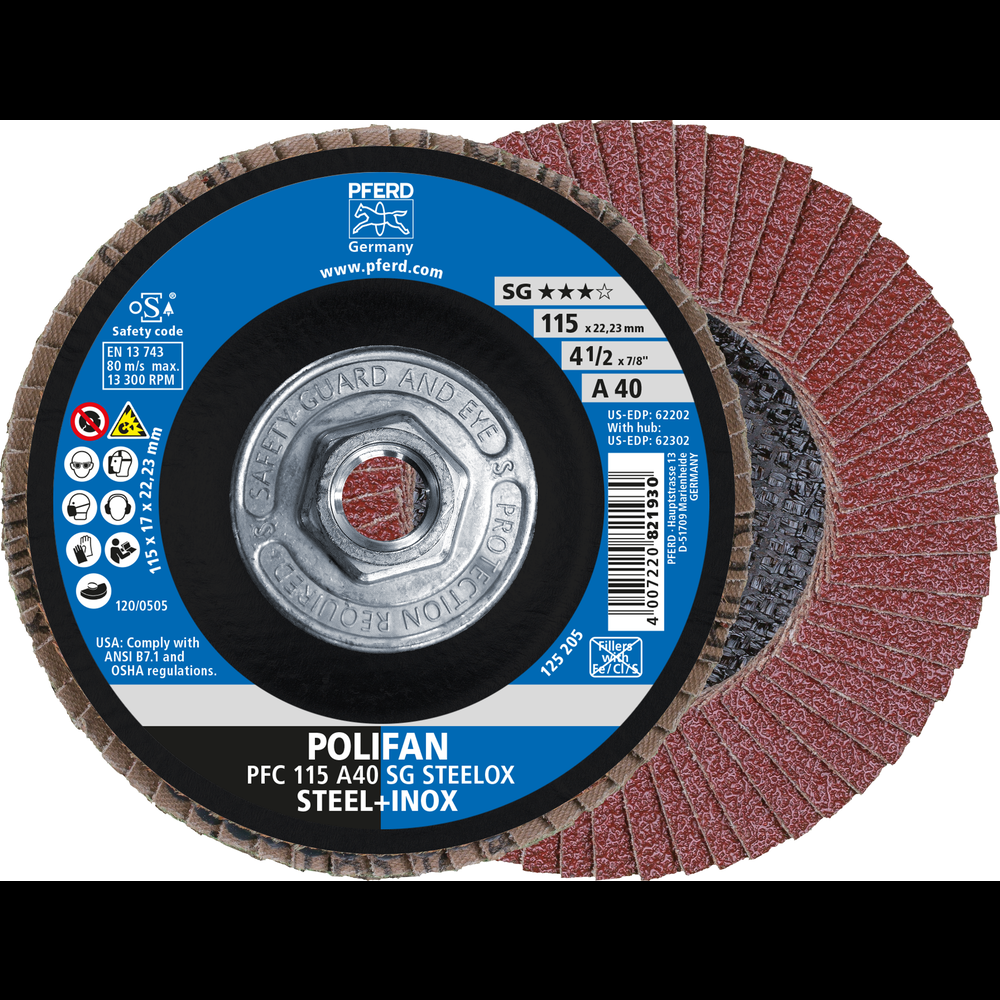 PFERD Flap Disc, 4-1/2&#34; x 5/8-11, A SG STEELOX, 40 Grit, T29, Conical, Aluminum oxide<span class=' ItemWarning' style='display:block;'>Item is usually in stock, but we&#39;ll be in touch if there&#39;s a problem<br /></span>